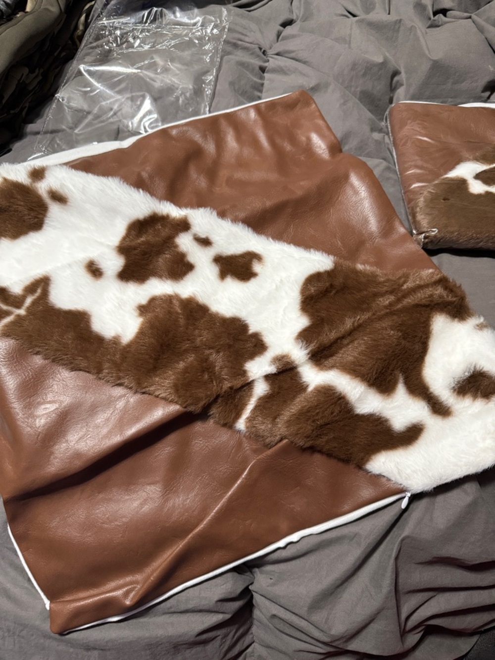 Brown Leather and Faux Fur Cowhide Throw Pillow Cover